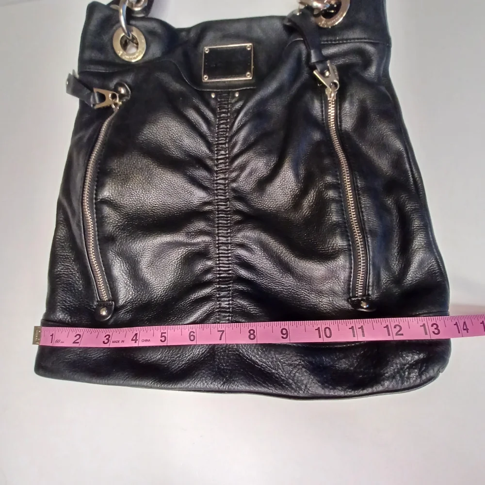 B. Makowsky Leather Hobo Style Moto Purse Shoulder Bag Black